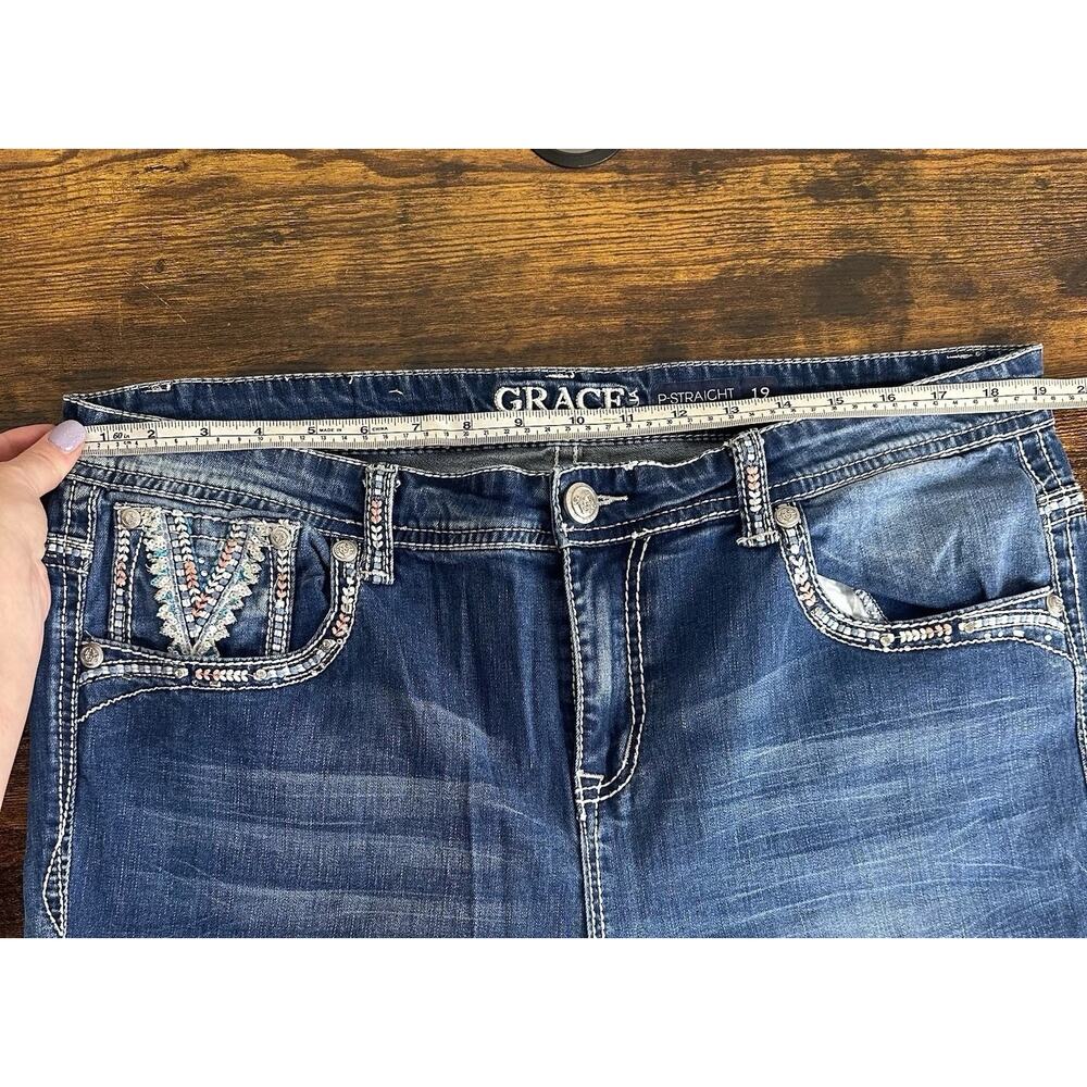 Grace In LA Plus Size P Straight Dark Wash Jeans Aztec Sequins Pockets Size 19 - Picture 15 of 16